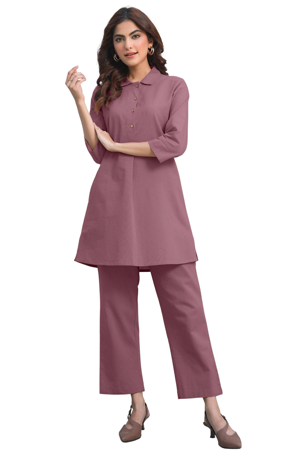 Janasya Light Cotton Solid A-Line Top & Bottom Set - Distacart