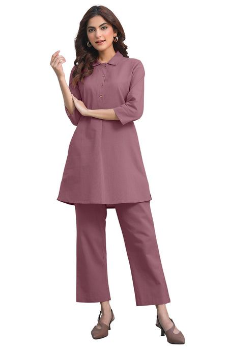 Janasya Light Cotton Solid A-Line Top & Bottom Set