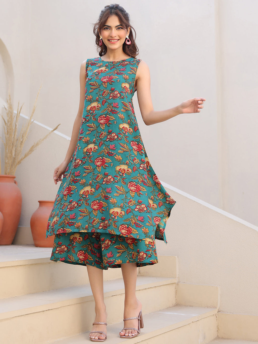 Janasya Dark Rayon Floral A-Line Top & Bottom Set - Distacart