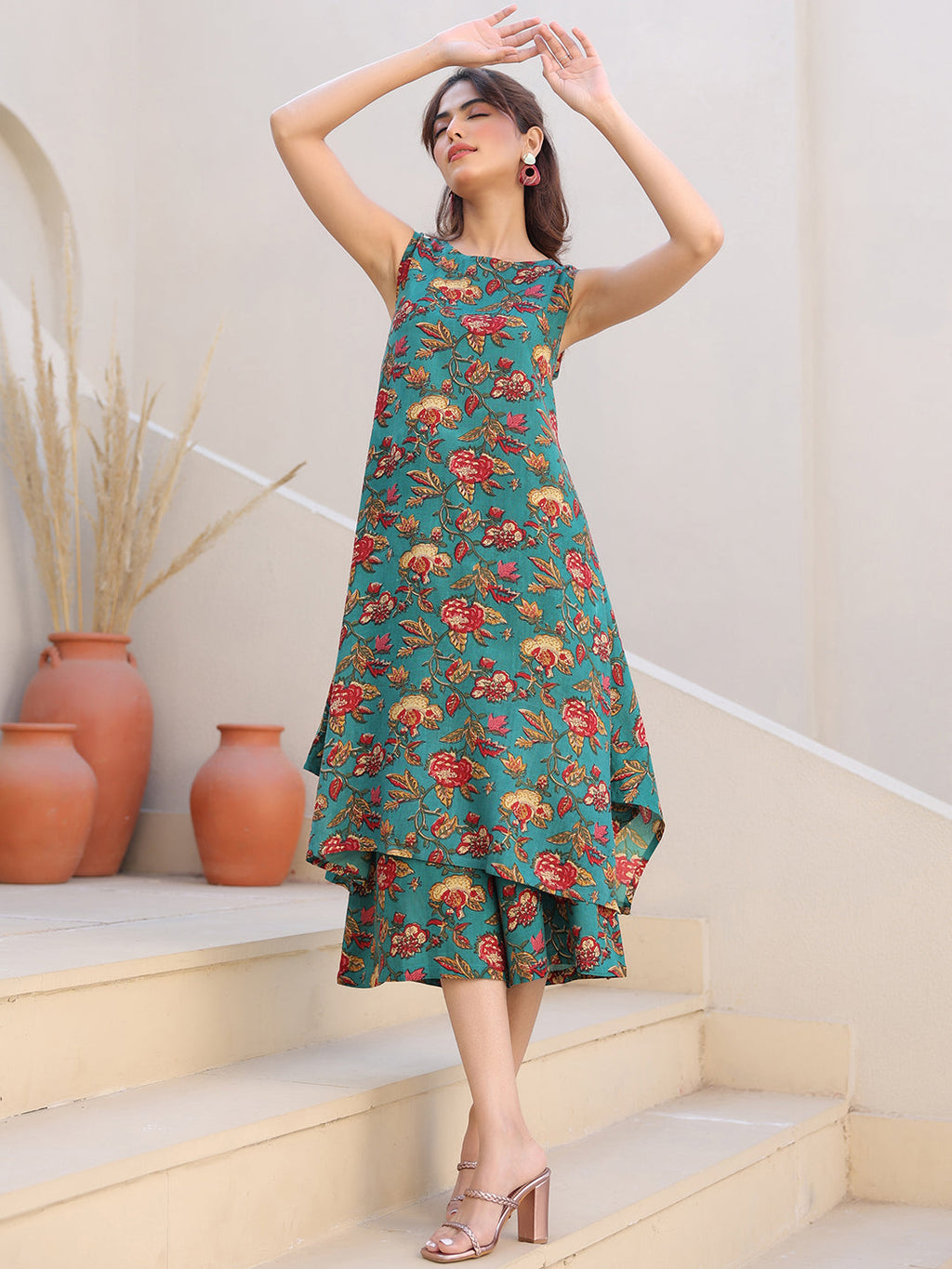 Janasya Dark Rayon Floral A-Line Top & Bottom Set - Distacart