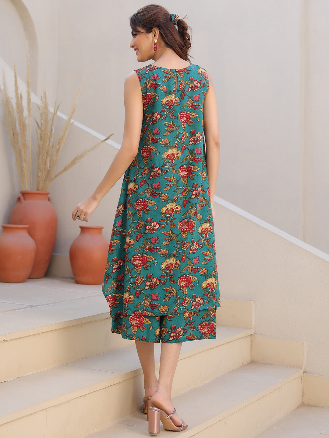 Janasya Dark Rayon Floral A-Line Top & Bottom Set - Distacart