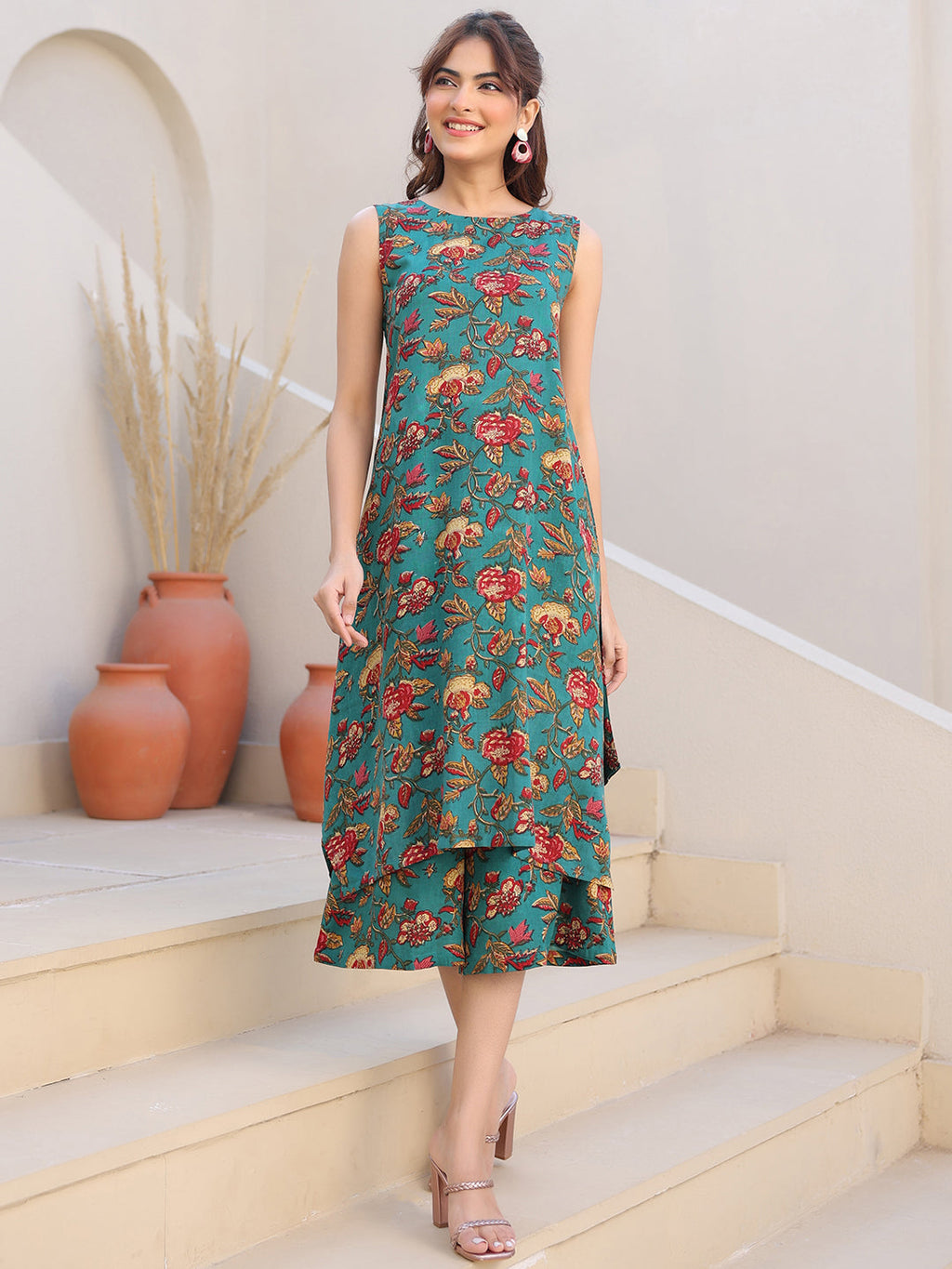 Janasya Dark Rayon Floral A-Line Top & Bottom Set - Distacart
