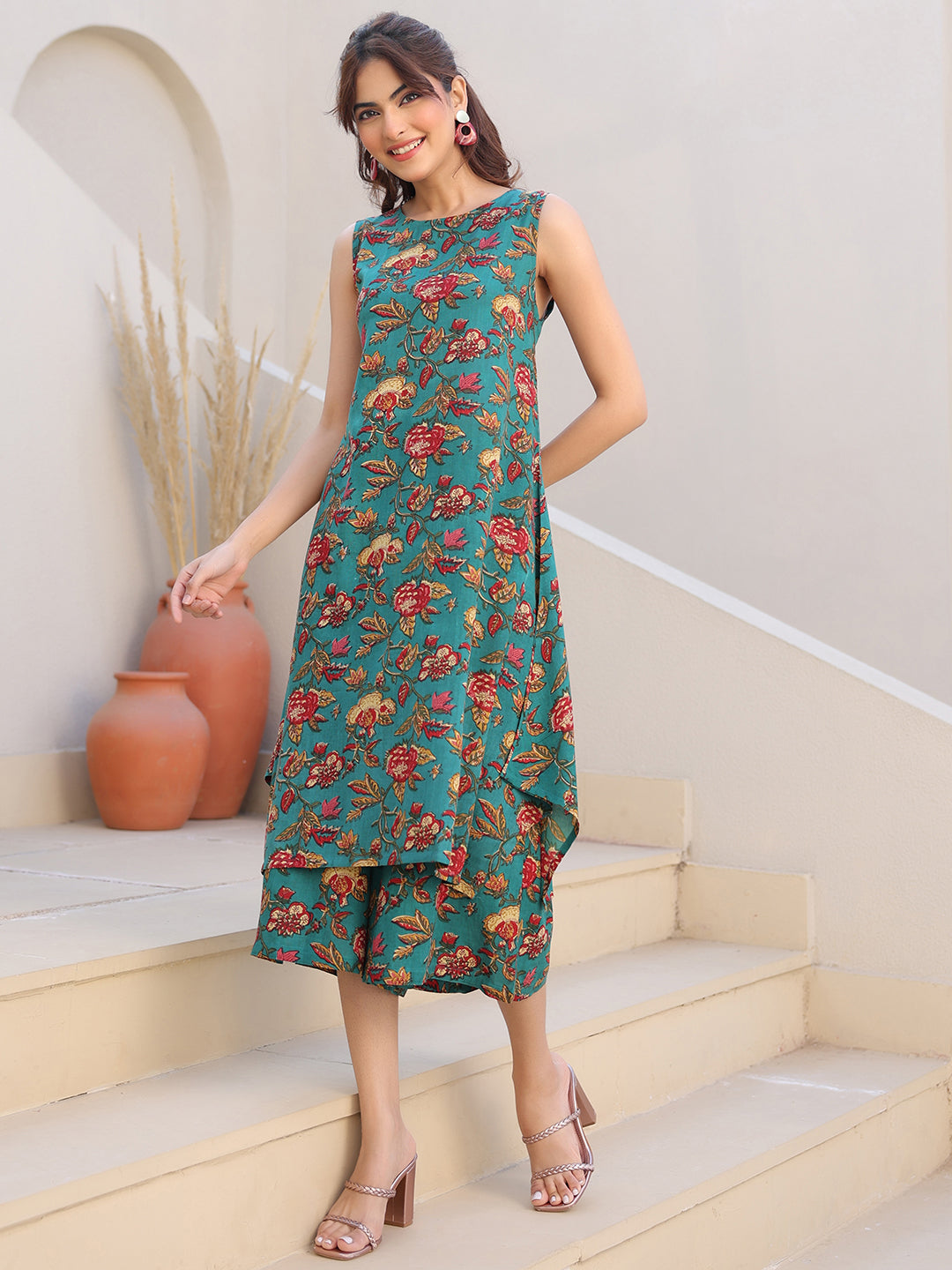 Janasya Dark Rayon Floral A-Line Top & Bottom Set - Distacart
