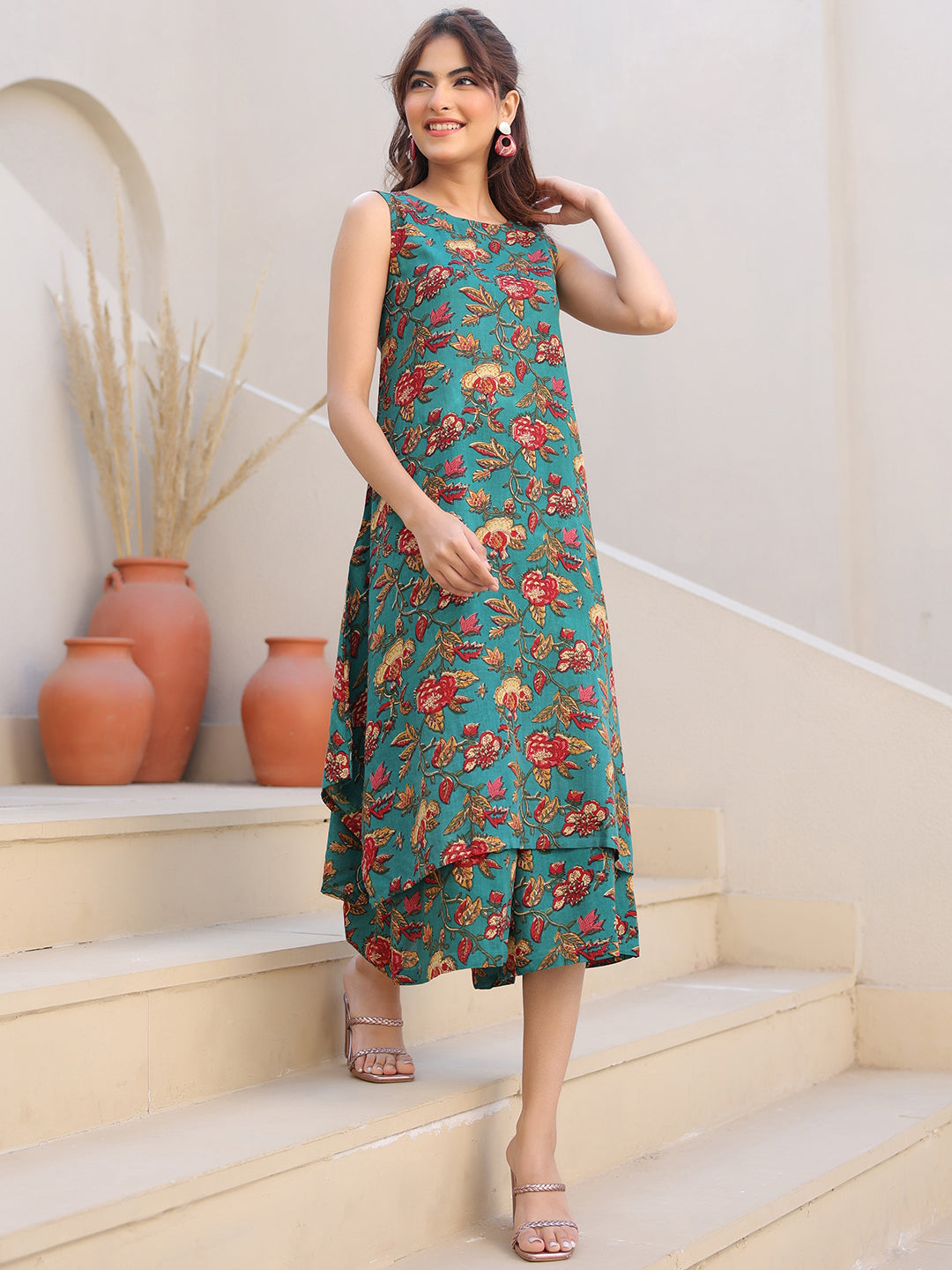Janasya Dark Rayon Floral A-Line Top & Bottom Set - Distacart