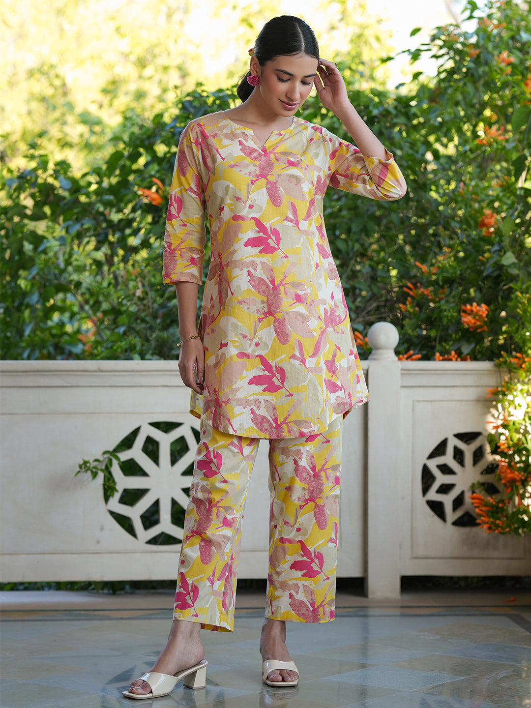 Janasya Bright Cotton Floral Straight Top & Bottom Set - Distacart