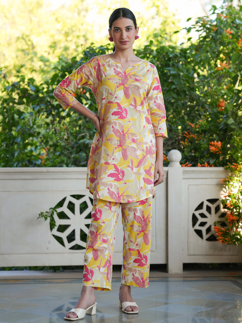 Janasya Bright Cotton Floral Straight Top & Bottom Set - Distacart