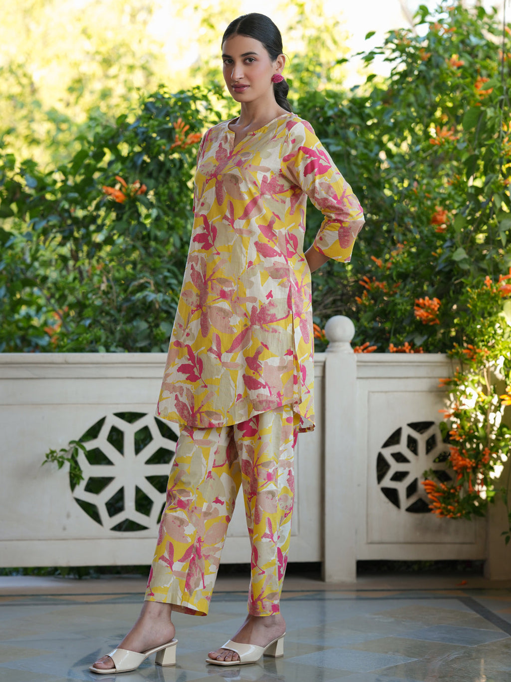 Janasya Bright Cotton Floral Straight Top & Bottom Set - Distacart
