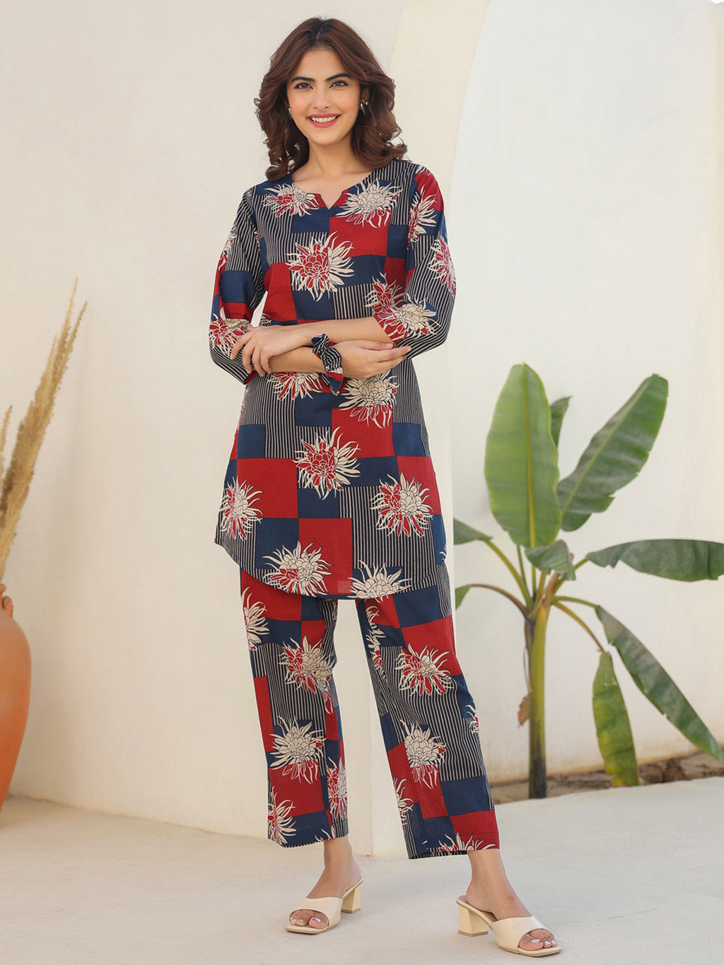 Janasya Dark Cotton Geometric Straight Top & Bottom Set - Distacart