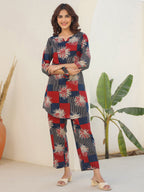 Janasya Dark Cotton Geometric Straight Top & Bottom Set - Distacart