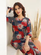 Janasya Dark Cotton Geometric Straight Top & Bottom Set - Distacart