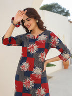 Janasya Dark Cotton Geometric Straight Top & Bottom Set - Distacart