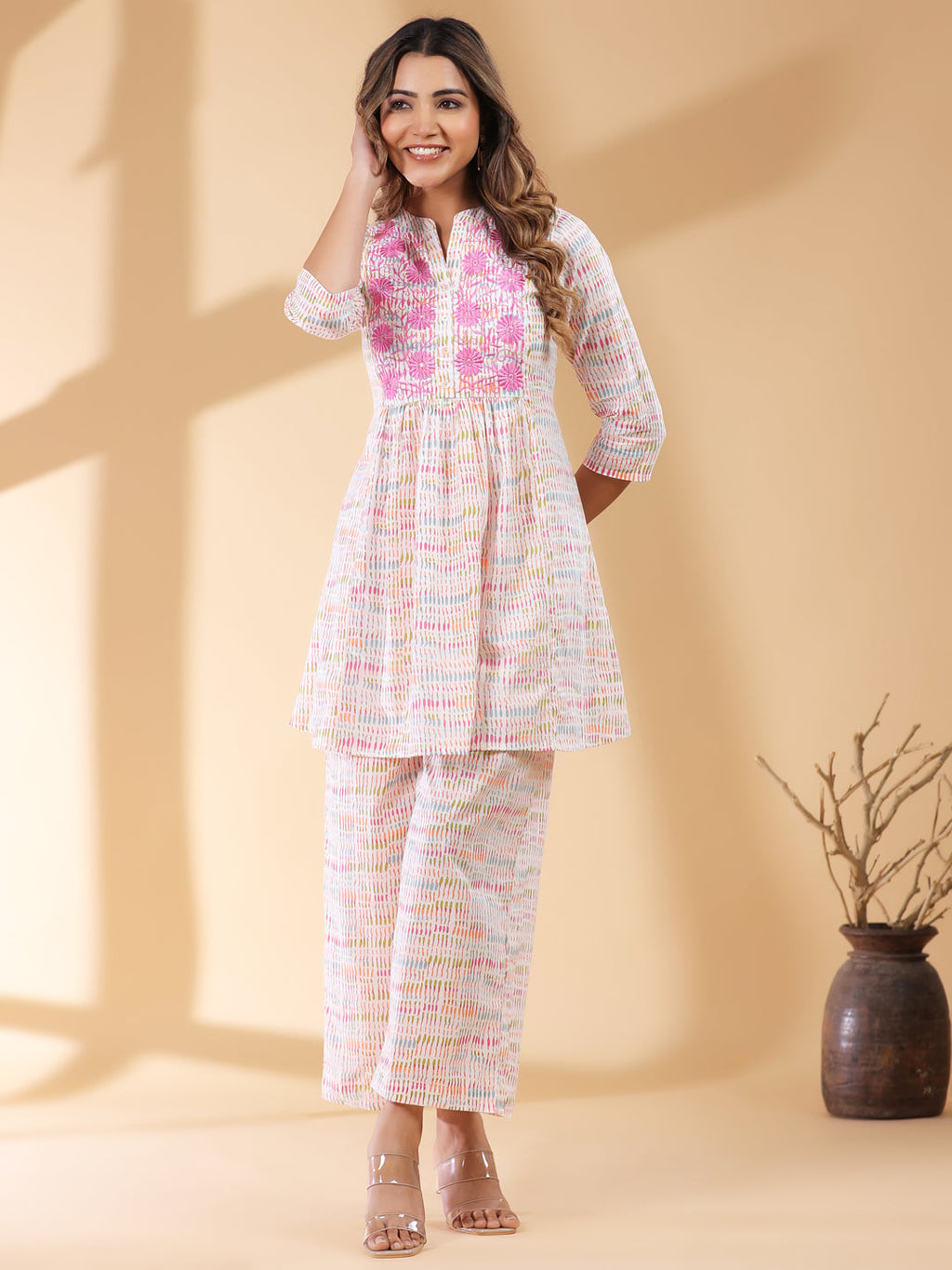 Janasya Light Cotton Abstract A-Line Top & Bottom Set - Distacart