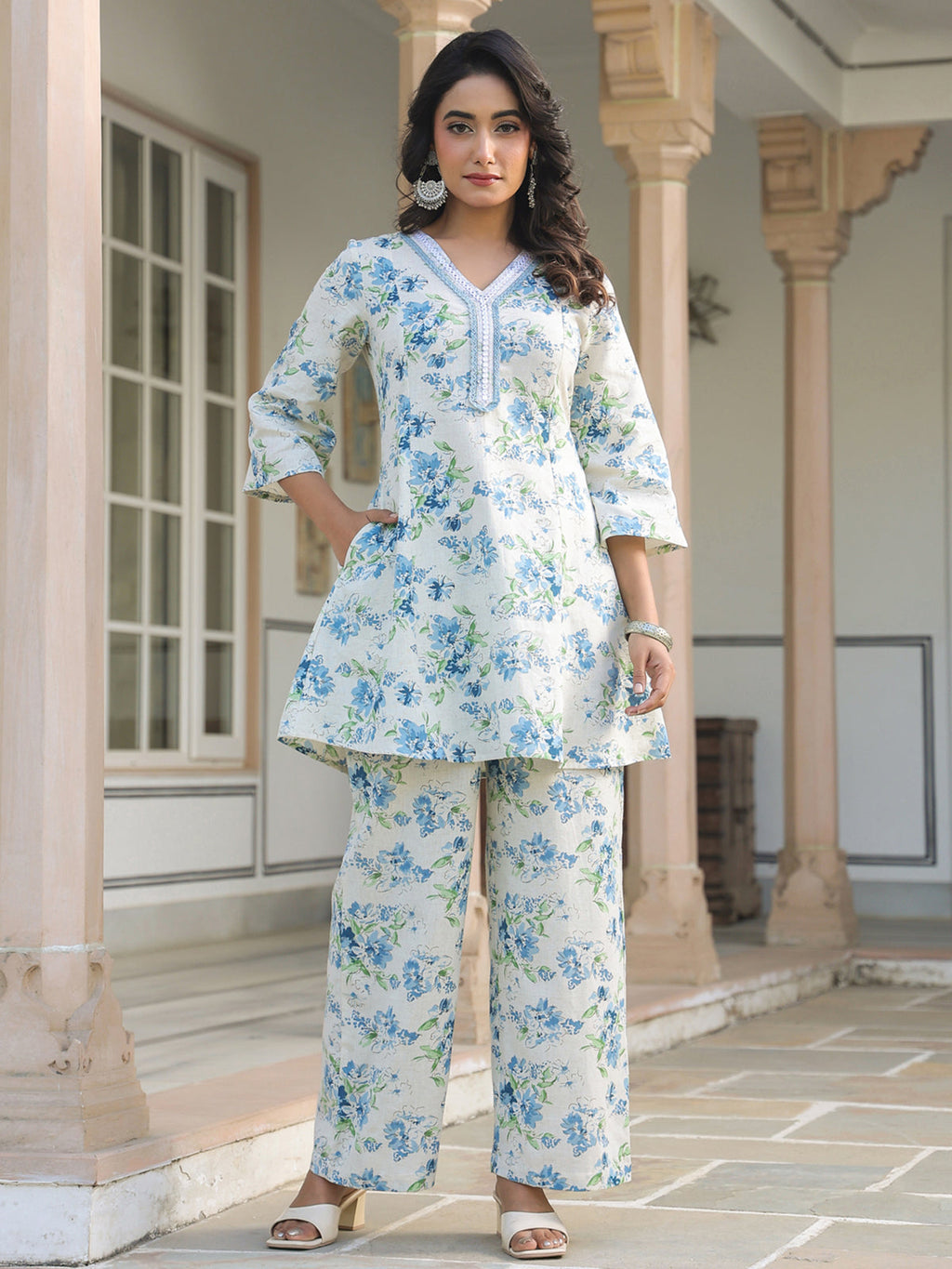 Janasya Light Cotton Yoke Embroidery A-Line Top & Bottom Set - Distacart