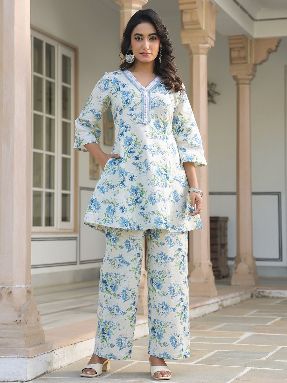 Janasya Light Cotton Yoke Embroidery A-Line Top & Bottom Set - Distacart