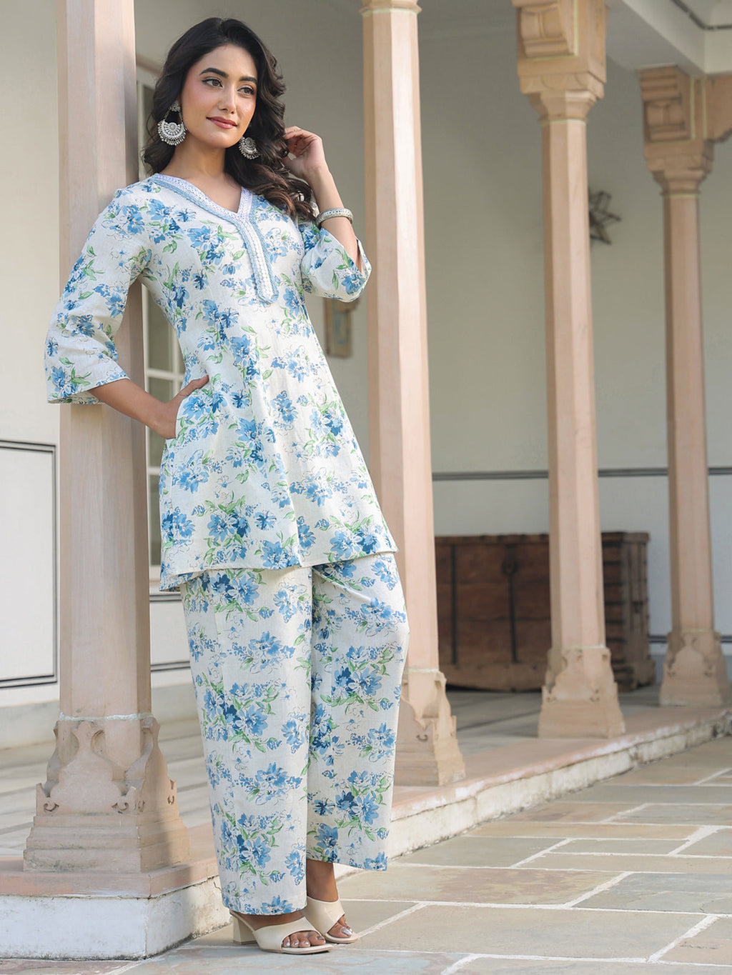 Janasya Light Cotton Yoke Embroidery A-Line Top & Bottom Set - Distacart