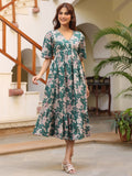 Janasya Dark Cotton Floral Tiered Dress - Distacart