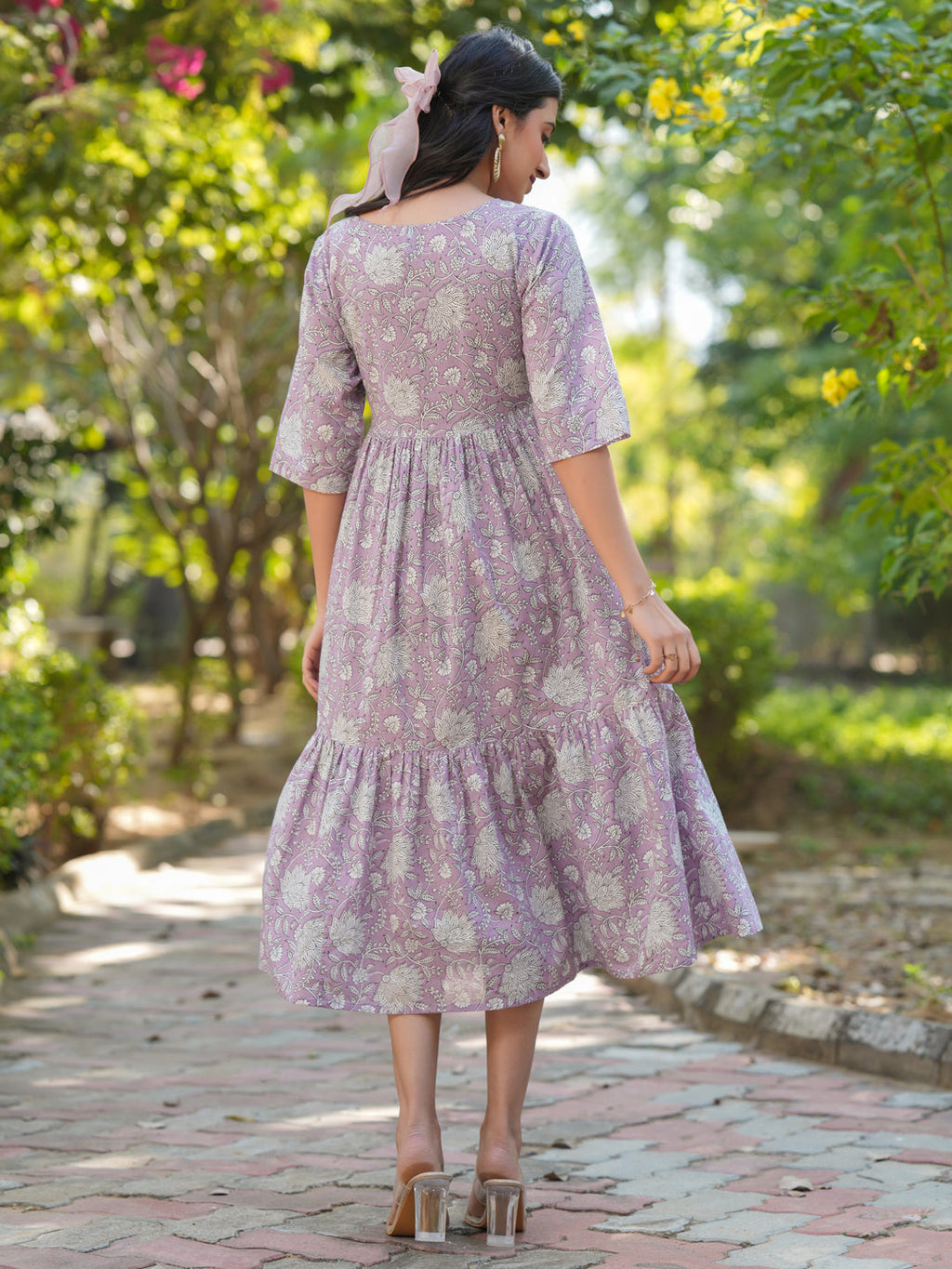 Janasya Light Cotton Floral Tiered Dress - Distacart