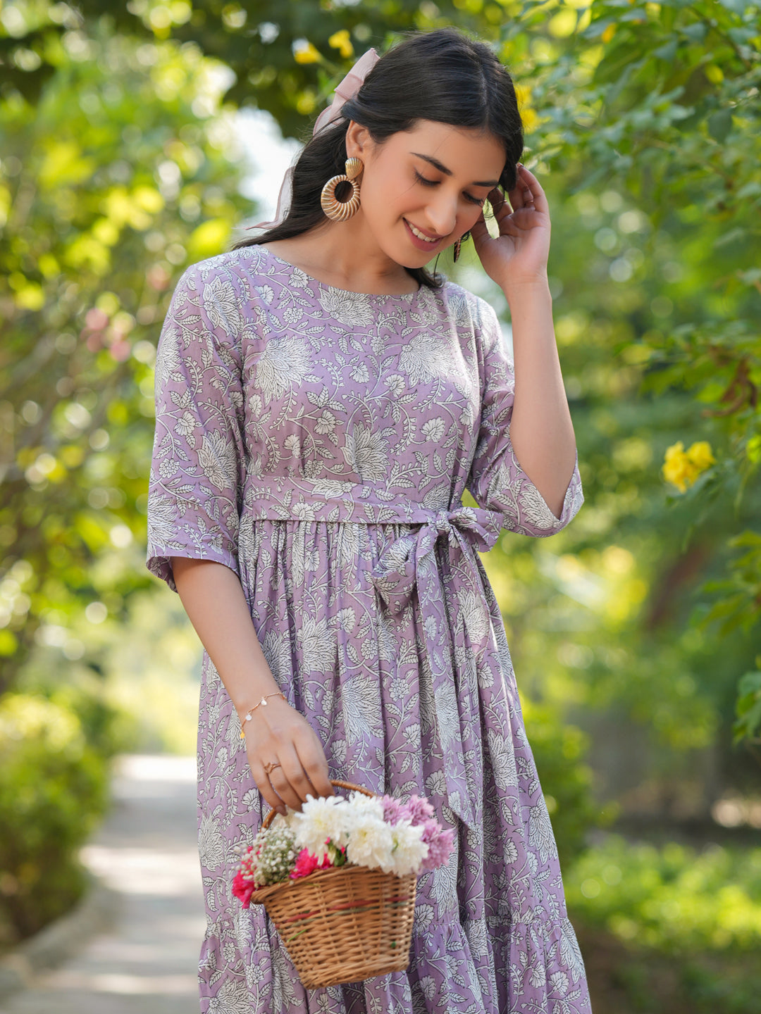 Janasya Light Cotton Floral Tiered Dress - Distacart