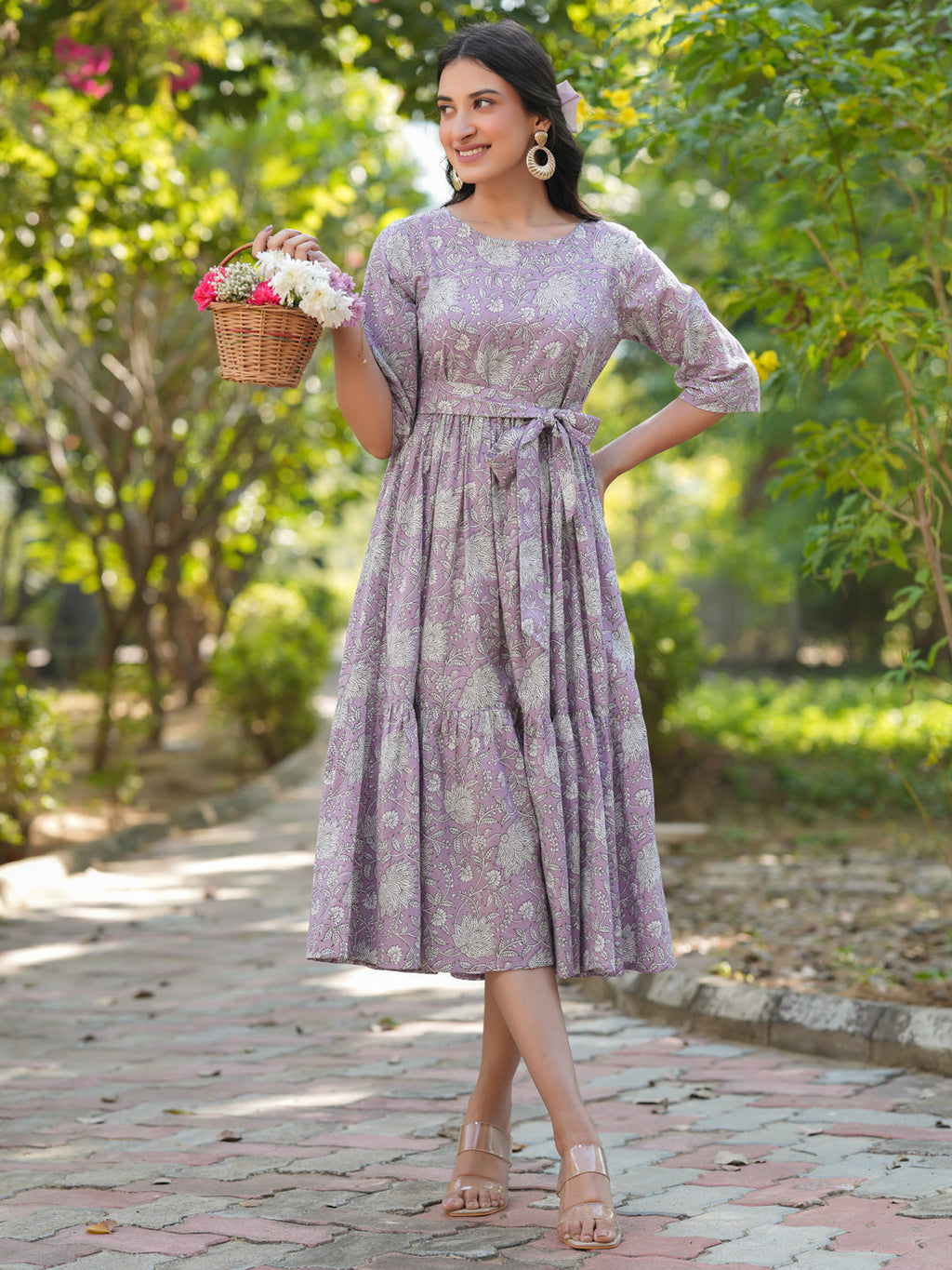 Janasya Light Cotton Floral Tiered Dress - Distacart