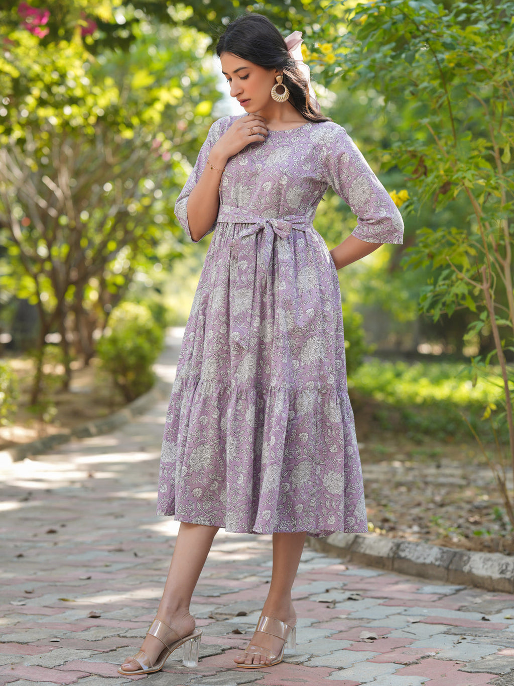 Janasya Light Cotton Floral Tiered Dress - Distacart