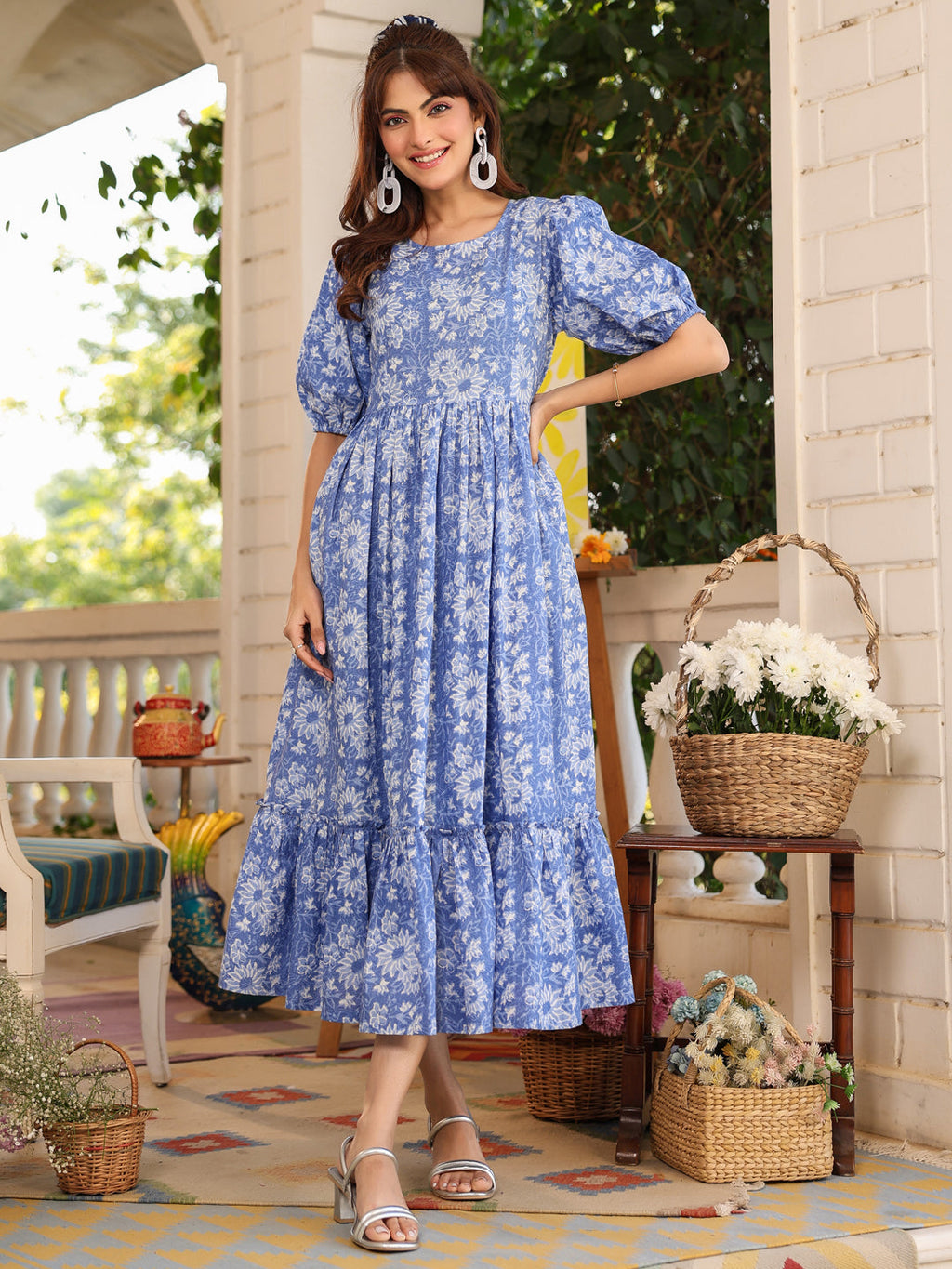 Janasya Light Cotton Floral Tiered Dress
