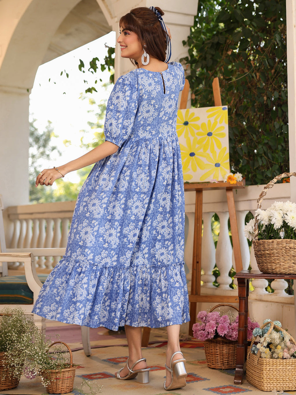 Janasya Light Cotton Floral Tiered Dress