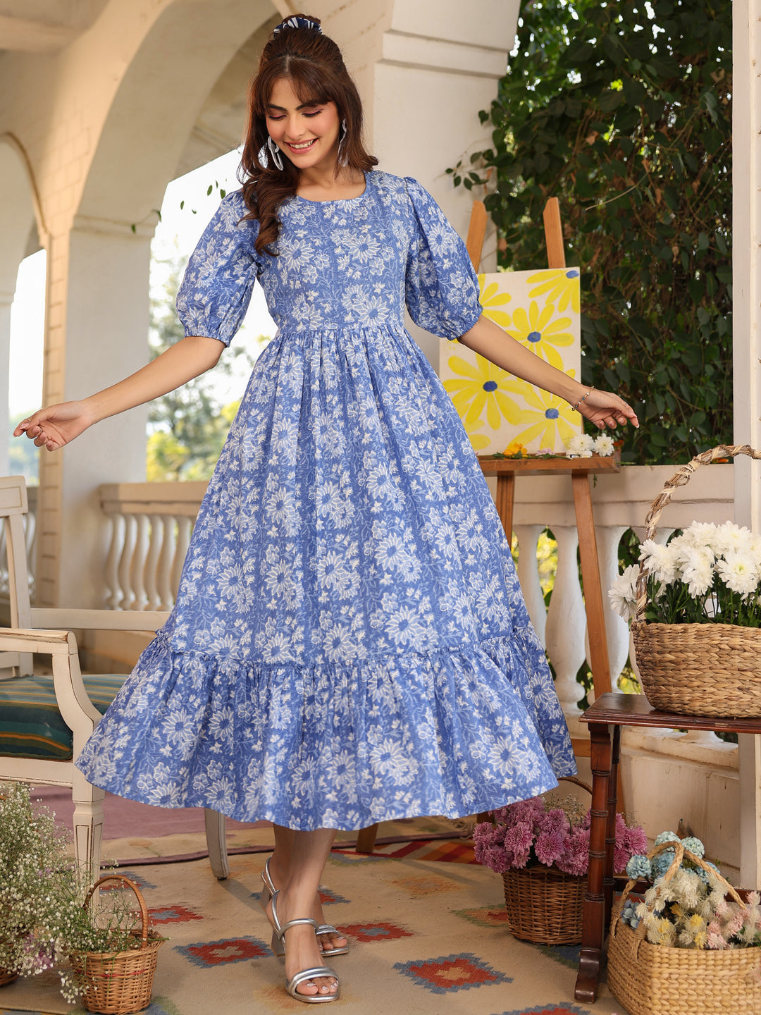 Janasya Light Cotton Floral Tiered Dress