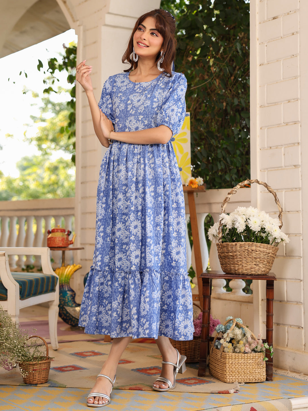 Janasya Light Cotton Floral Tiered Dress