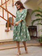 Janasya Dark Cotton Floral A-Line Dress - Distacart