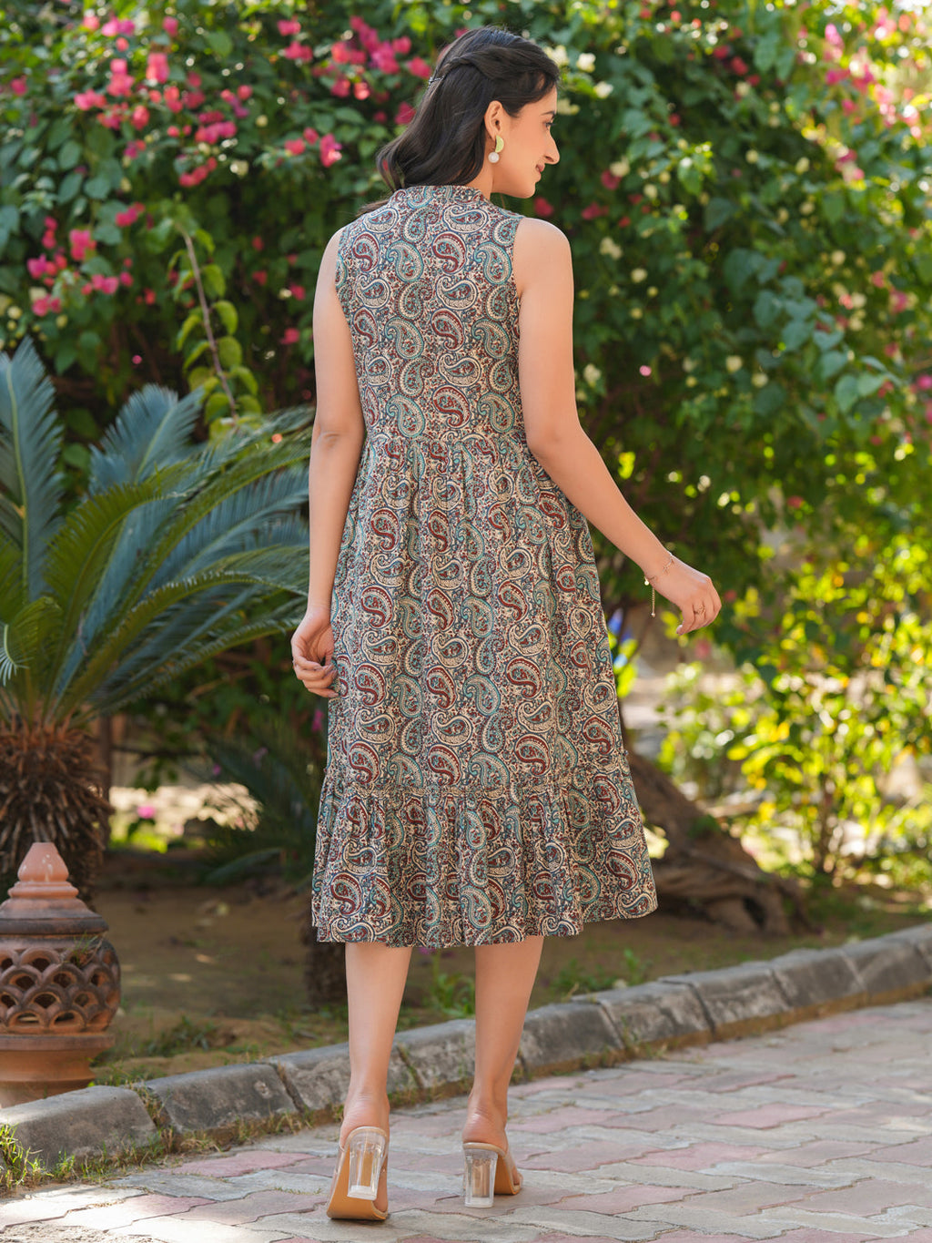 Janasya Dark Cotton Paisley A-Line Dress - Distacart