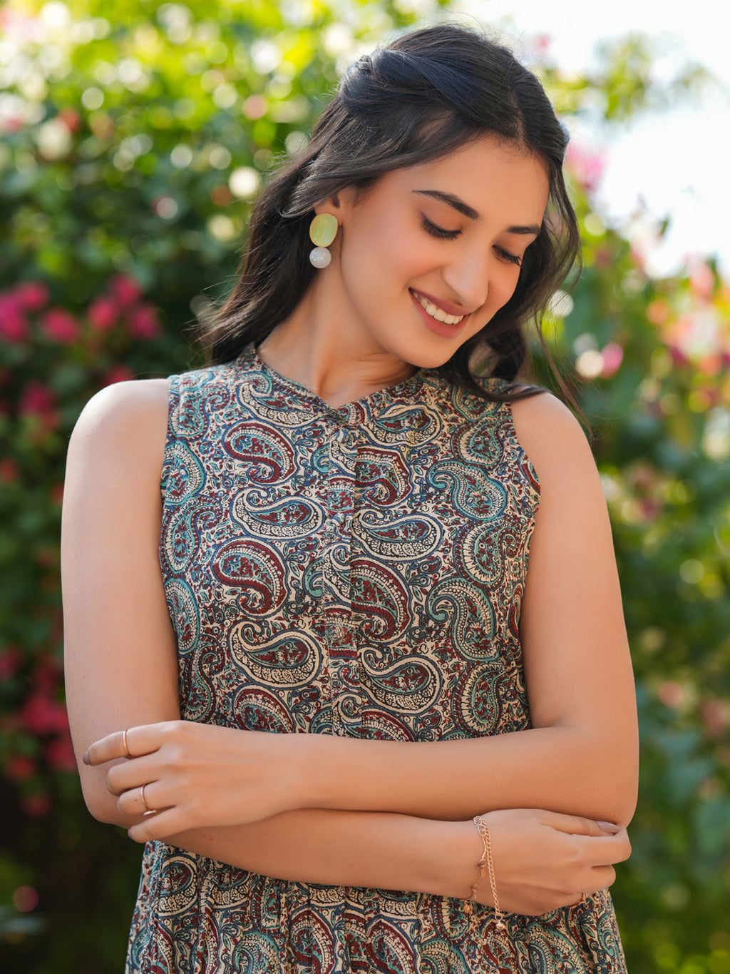 Janasya Dark Cotton Paisley A-Line Dress - Distacart