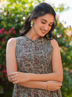 Janasya Dark Cotton Paisley A-Line Dress - Distacart