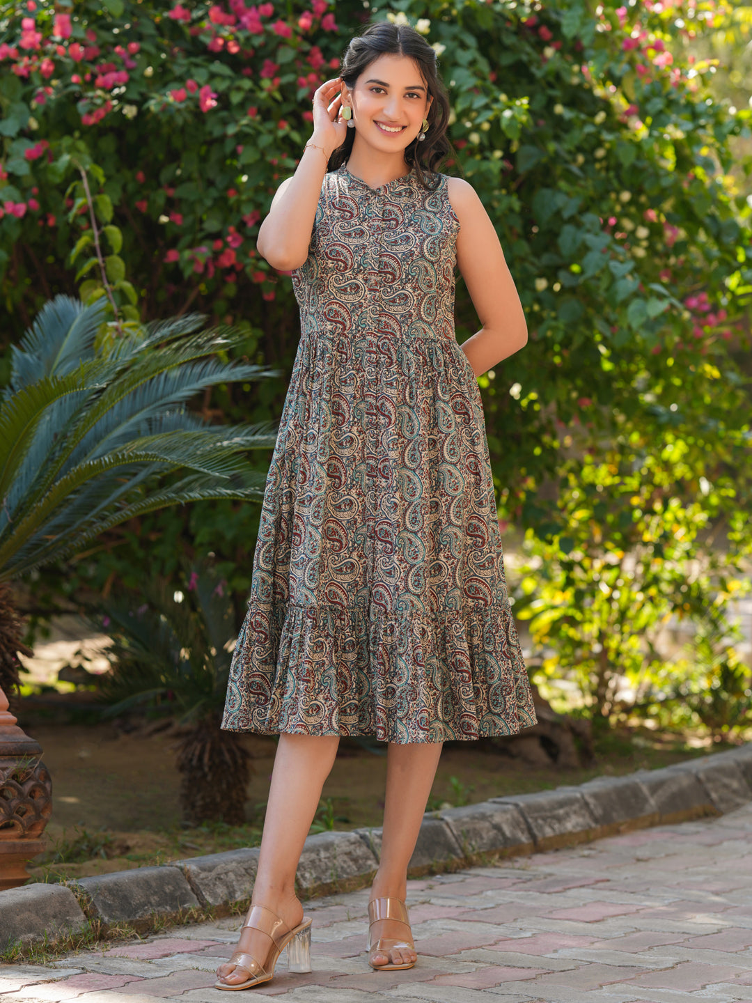 Janasya Dark Cotton Paisley A-Line Dress - Distacart