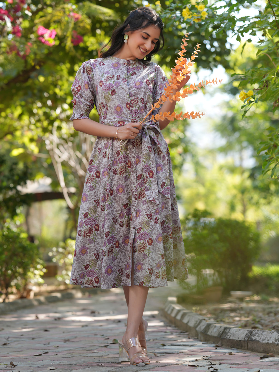Janasya Dark Cotton Floral A-Line Dress - Distacart