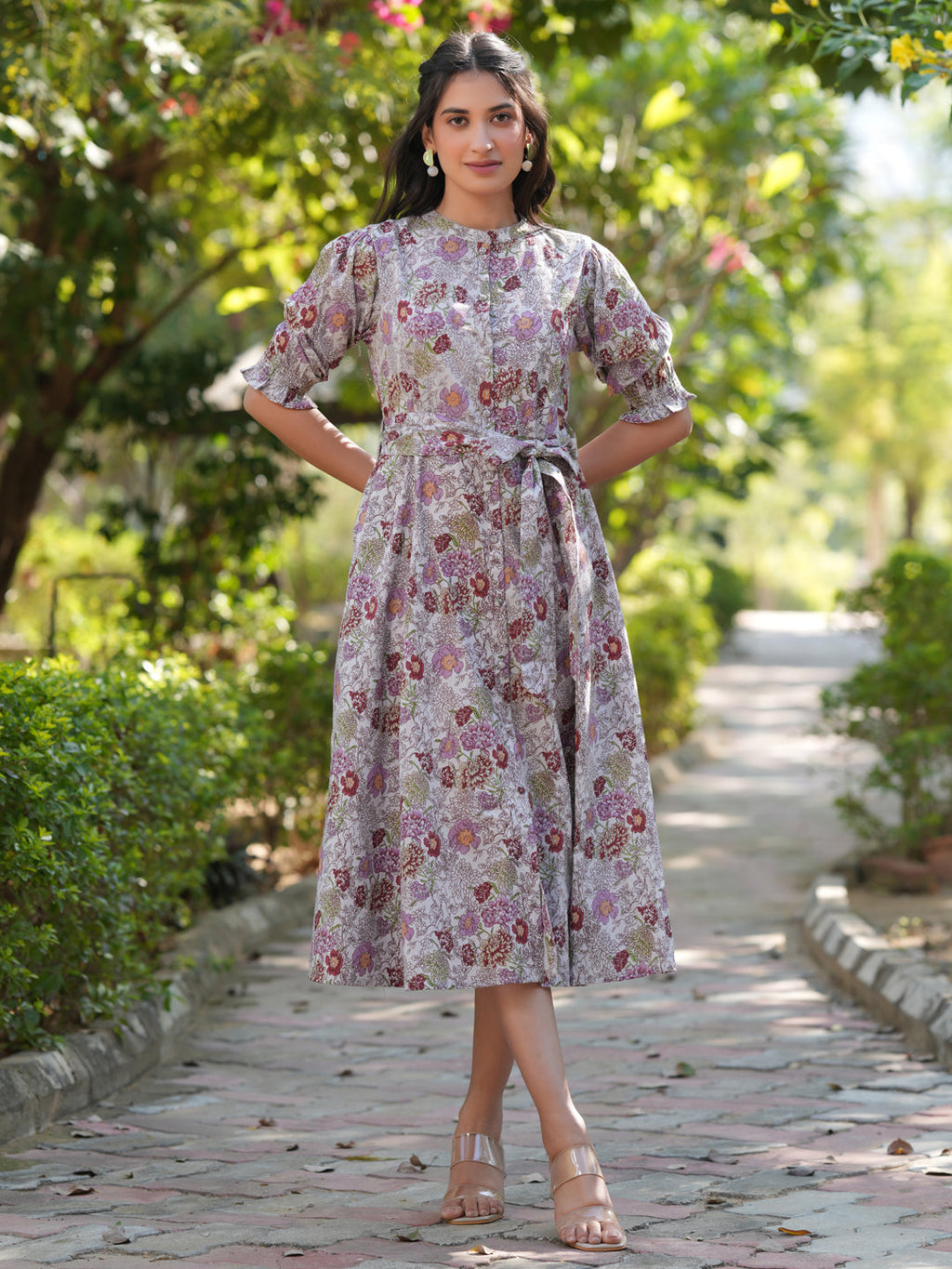 Janasya Dark Cotton Floral A-Line Dress - Distacart
