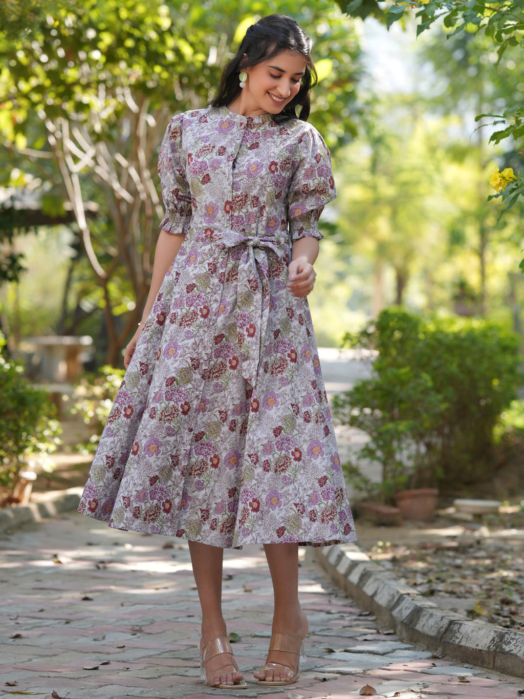 Janasya Dark Cotton Floral A-Line Dress - Distacart