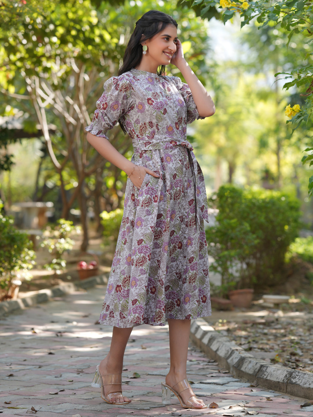 Janasya Dark Cotton Floral A-Line Dress - Distacart