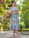 Janasya Bright Georgette Floral Tiered Dress - Distacart