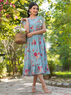 Janasya Bright Georgette Floral Tiered Dress - Distacart