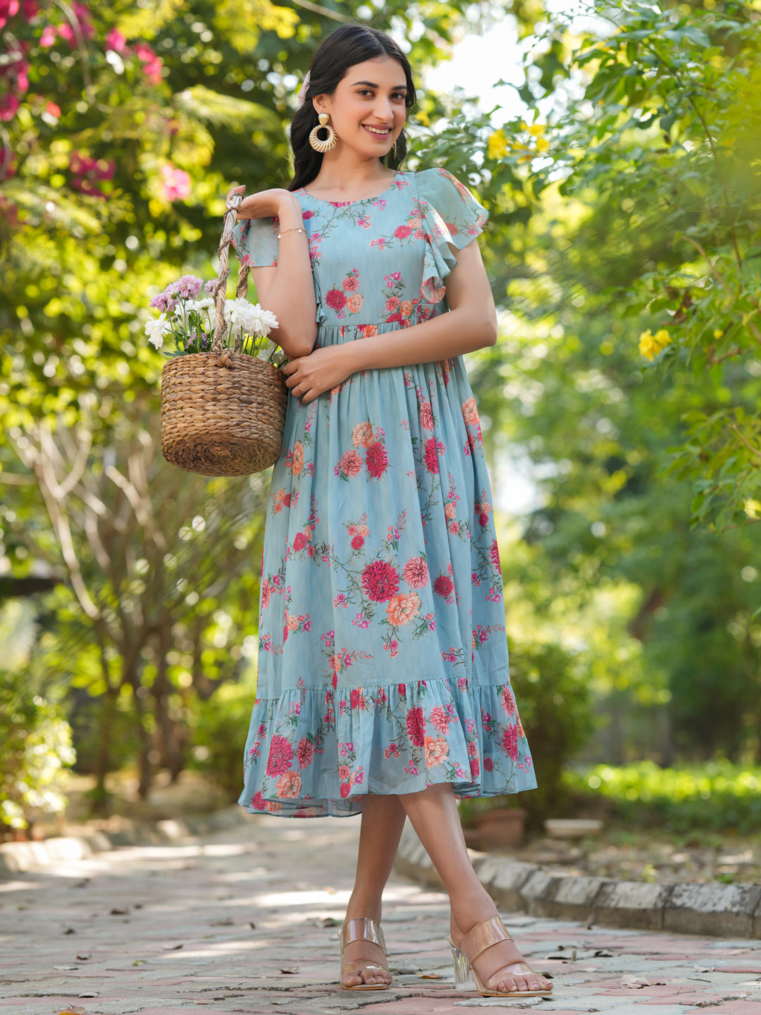 Janasya Bright Georgette Floral Tiered Dress - Distacart