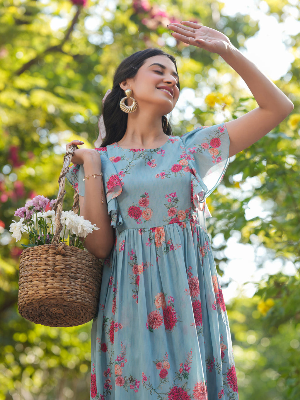 Janasya Bright Georgette Floral Tiered Dress - Distacart