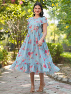 Janasya Bright Georgette Floral Tiered Dress - Distacart