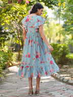 Janasya Bright Georgette Floral Tiered Dress - Distacart
