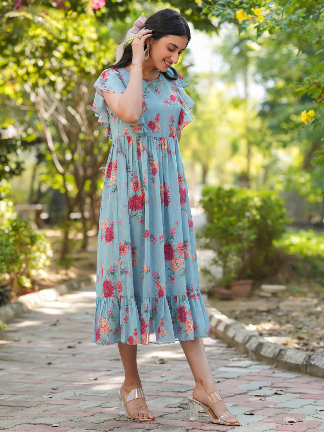 Janasya Bright Georgette Floral Tiered Dress - Distacart