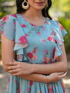 Janasya Bright Georgette Floral Tiered Dress - Distacart