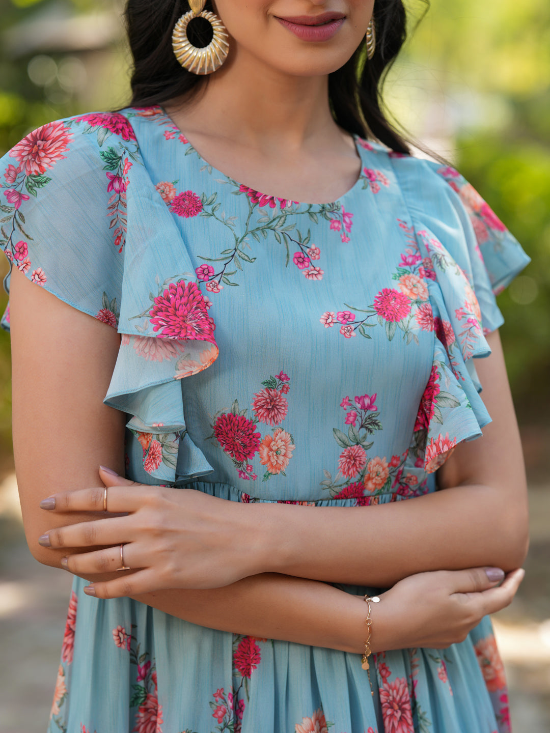 Janasya Bright Georgette Floral Tiered Dress - Distacart