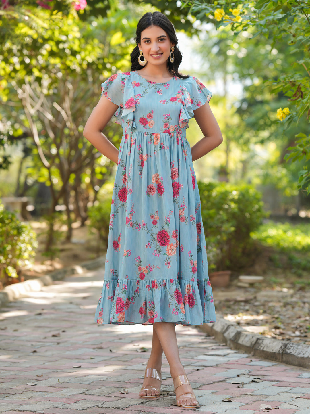 Janasya Bright Georgette Floral Tiered Dress - Distacart