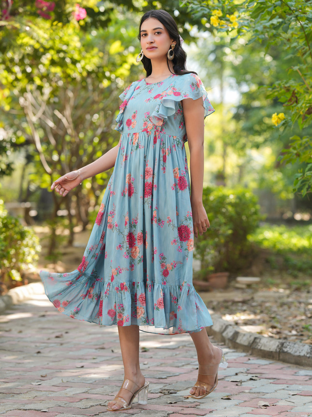 Janasya Bright Georgette Floral Tiered Dress - Distacart