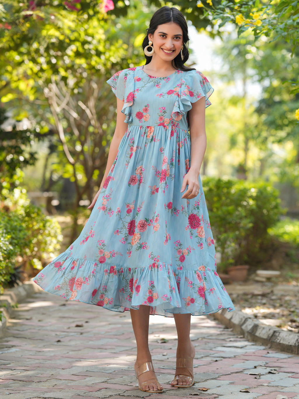 Janasya Bright Georgette Floral Tiered Dress - Distacart