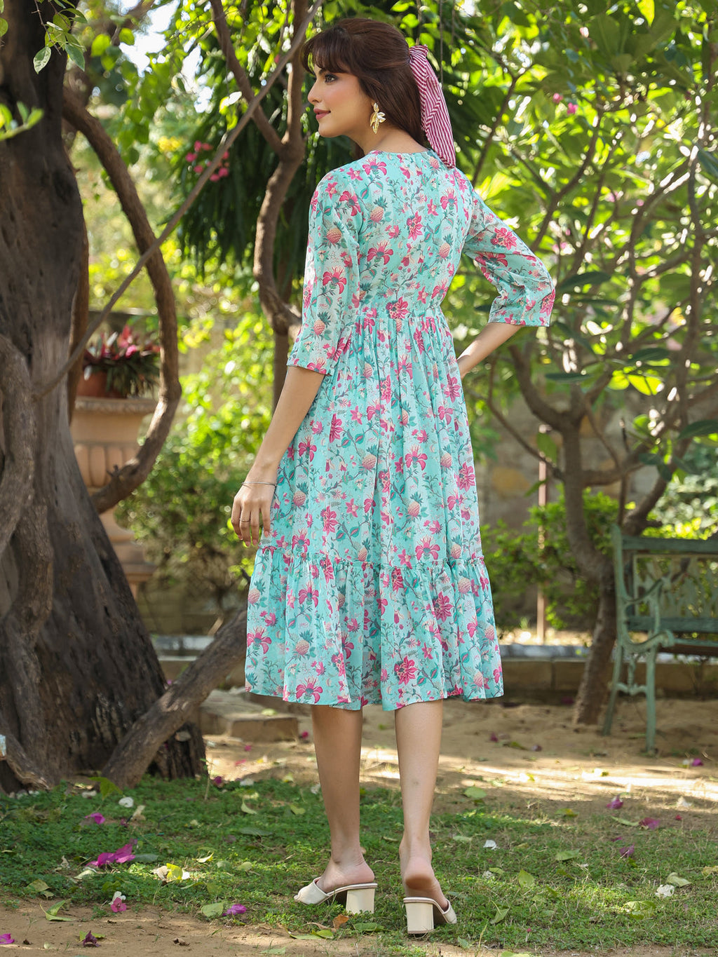 Janasya Bright Georgette Floral Tiered Dress - Distacart